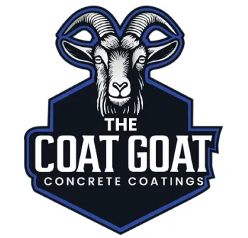 Goat head logo with the words The Coat Goat Concrete Coatings in a black and blue shield