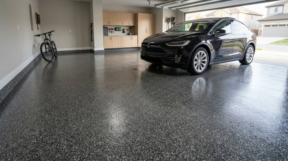 Black SUV parked in residential garage with glossy epoxy-coated concrete floor and built-in storage cabinets